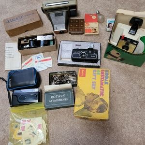 Vintage lot of cameras, stamps, sewing, etc
